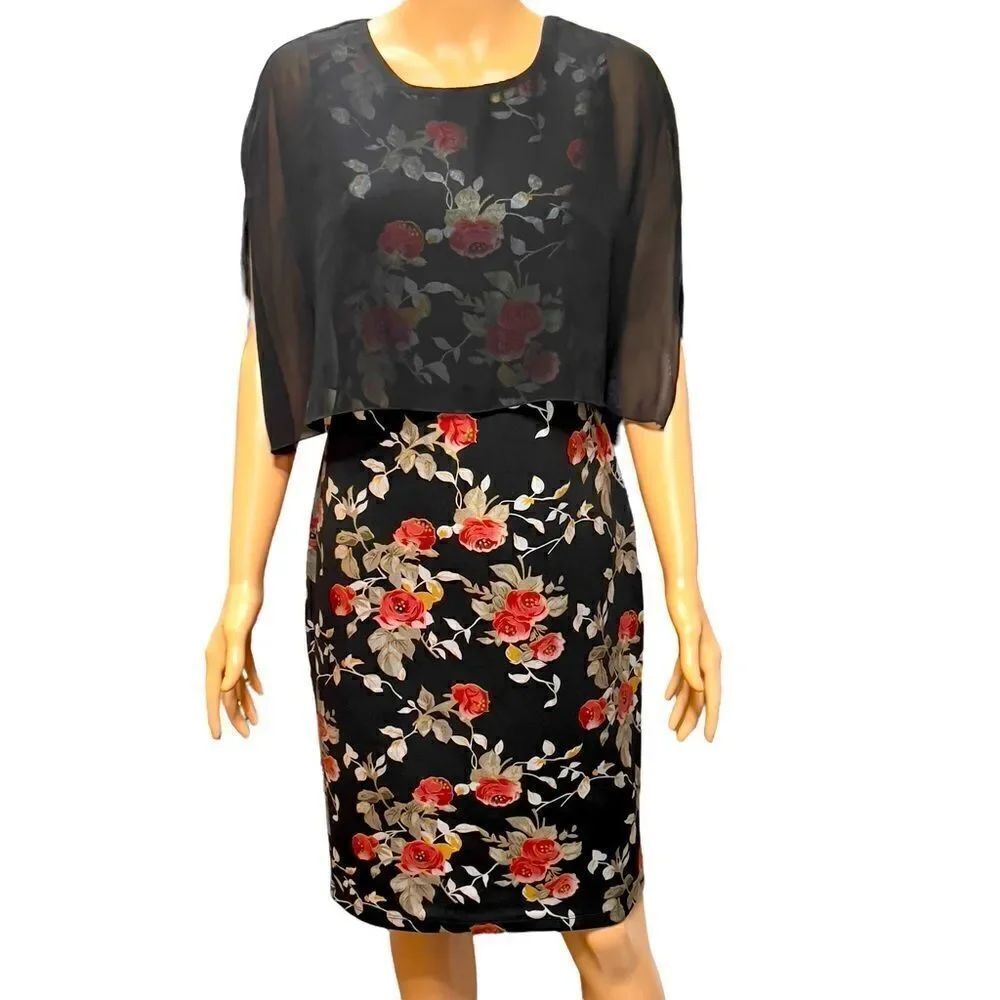 ENFOCUS Studio Black Floral with Sheer Cape Dress Size 6